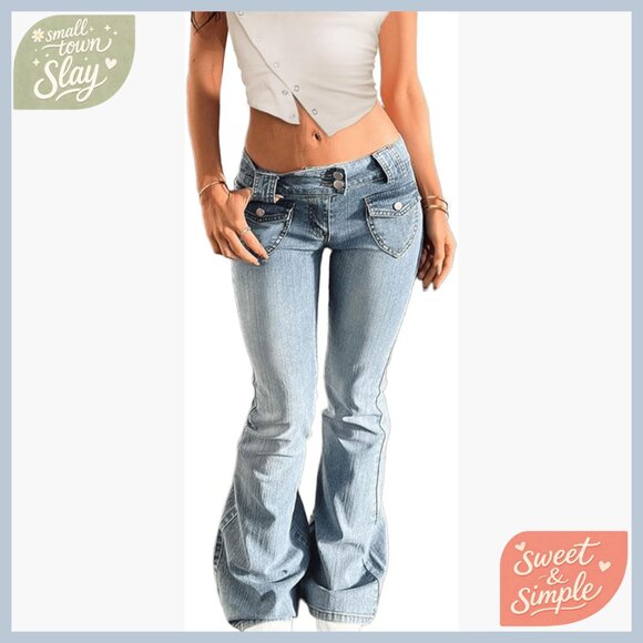 Denim - Low Rise Flare Jeans Stretchy Bell Bottom Denim Pants Y2K Vintage Washed